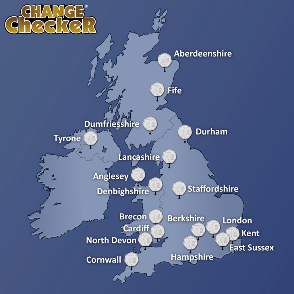 An image of the UK map with the Platinum Jubilee 50p plotted in the counties in which it has been found by collectors.