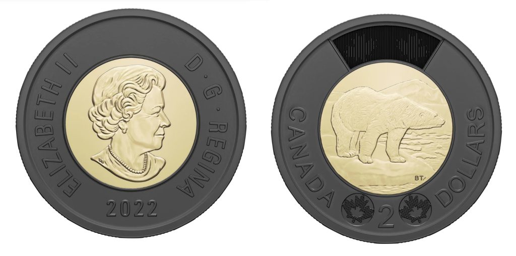 Canadian Queen Elizabeth II $2 coin.
Showing Queen Elizabeth II portrait on the obverse and the traditional $2 Polar Bear design on the reverse.
The outer ring is coloured with an unusual black nickel finish.